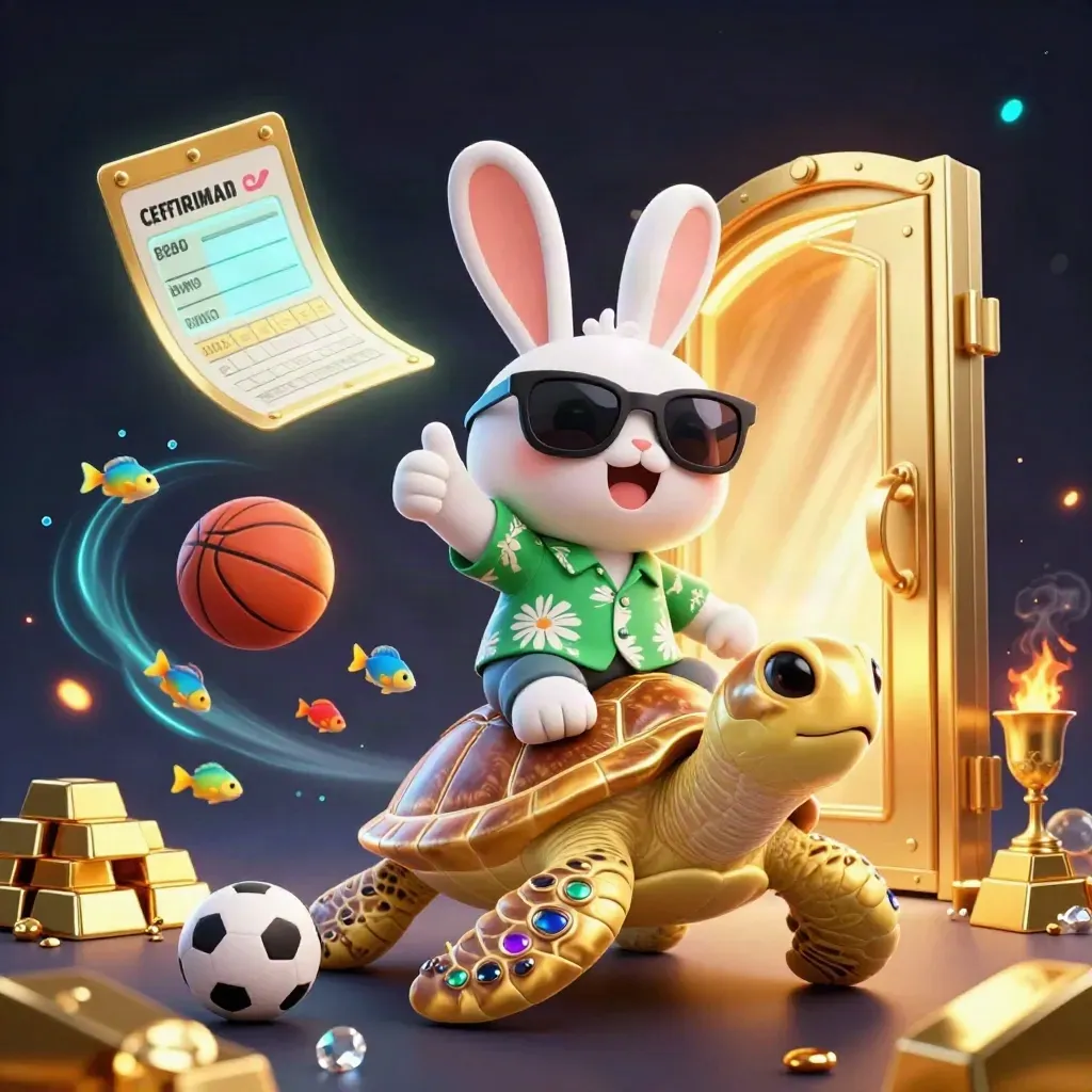 Lucky rabbit on a golden sea turtle amid gold, vault light, sports balls, navy casino glow.