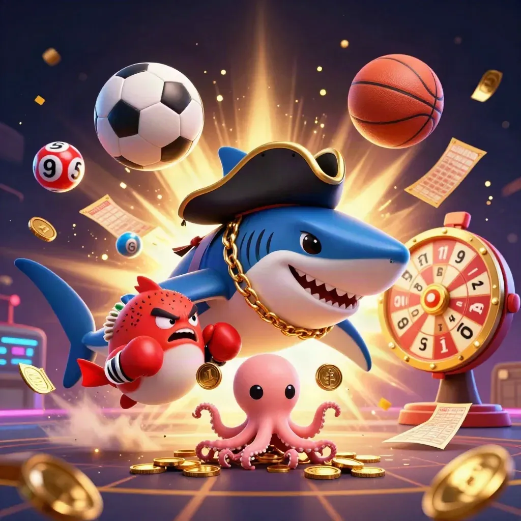 Pirate shark, pufferfish and octopus amid coins, balls, wheel and casino glow.