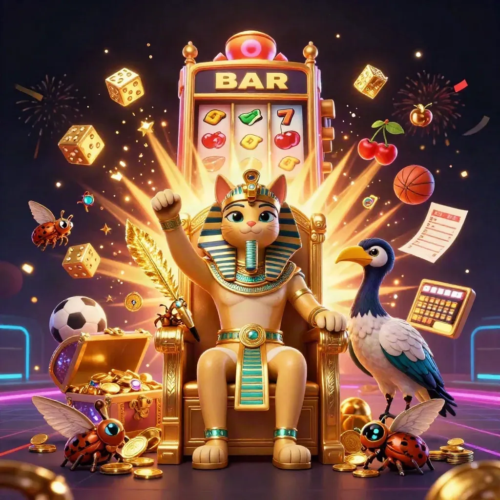 Pharaoh cat and ibis scribe with scarabs amid casino bursts, gold treasure, neon dark fantasy.