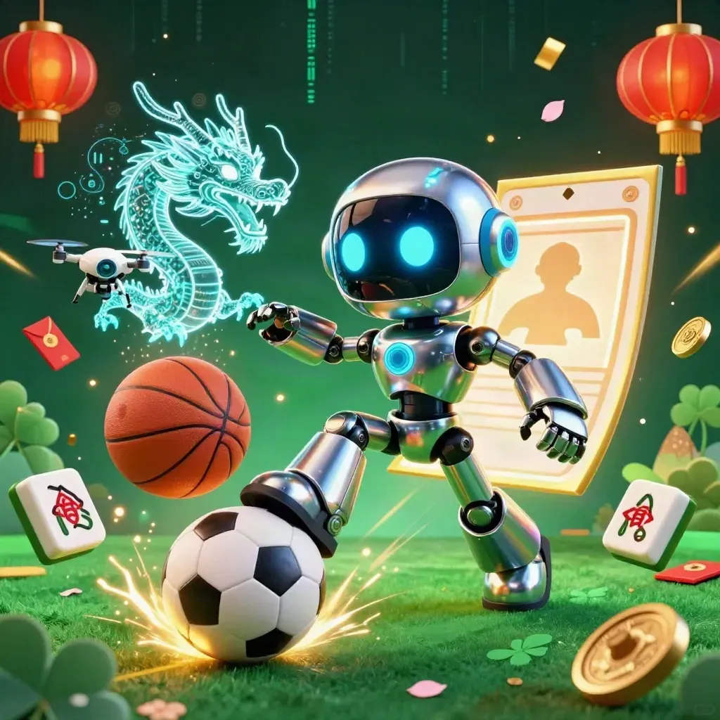 Chrome robot, holographic dragon, drone, sports ball, coins and lanterns in neon casino light.