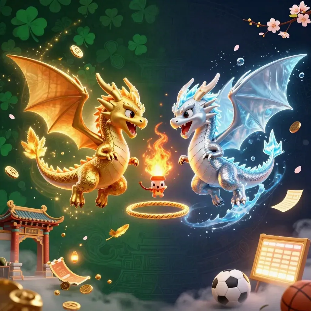 Twin gold and silver dragons whirl in a mythic casino scene with coins, runes and emerald light.