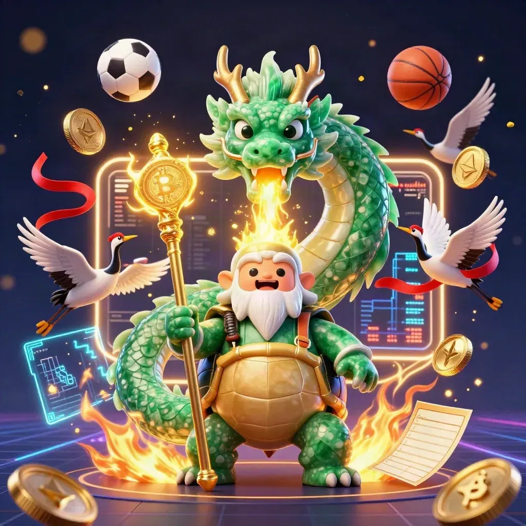 Dragon, turtle sage, and cranes in a neon casino fantasy with coins, balls, and gold fire.