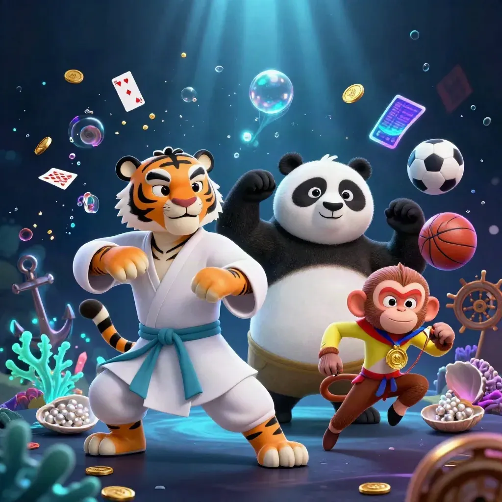 Tiger, panda and monkey in a glowing underwater treasure cove with coins, cards, balls and coral.