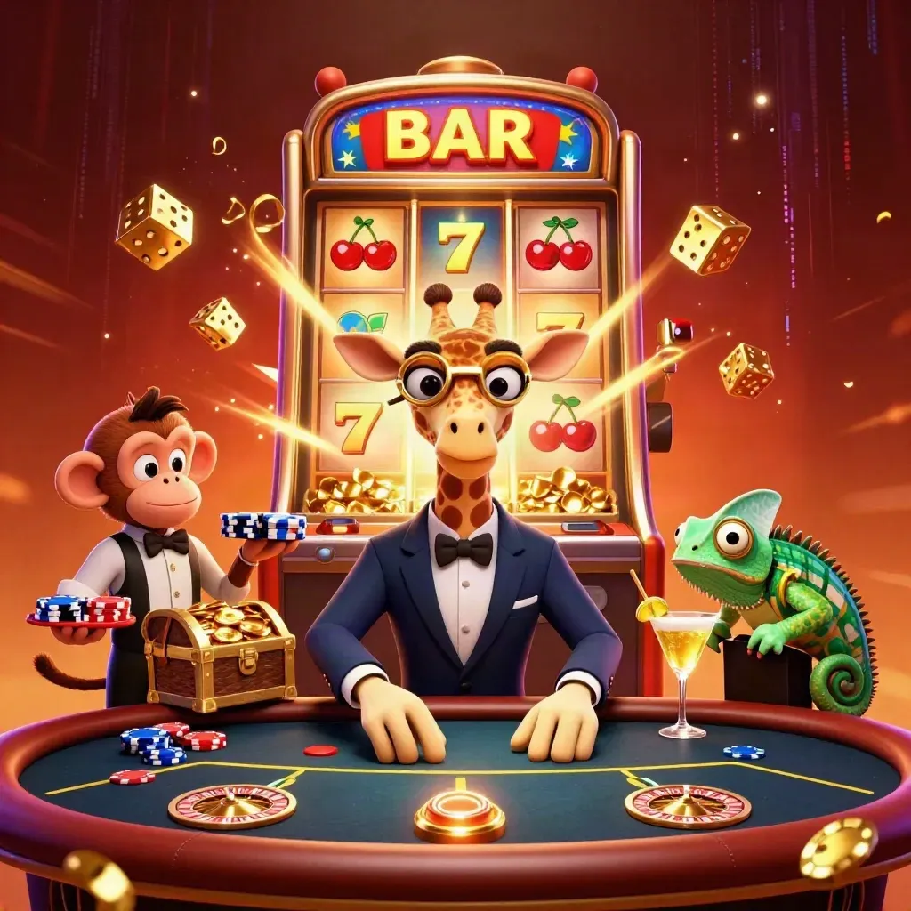 Giraffe high roller, monkey valet and chameleon bartender in a luxe casino scene with slot bursts.