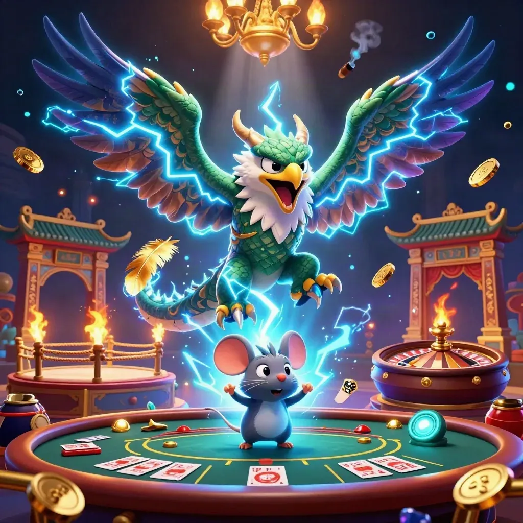 Thunder dragon, wind hawk and static mouse in a premium neon casino scene with lightning and gold