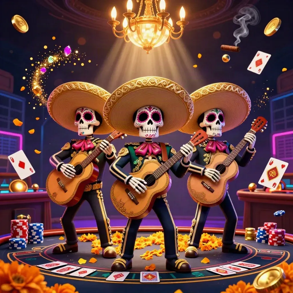 Skeleton mariachi trio amid casino coins, roulette, cards, chips, and neon luxury lighting