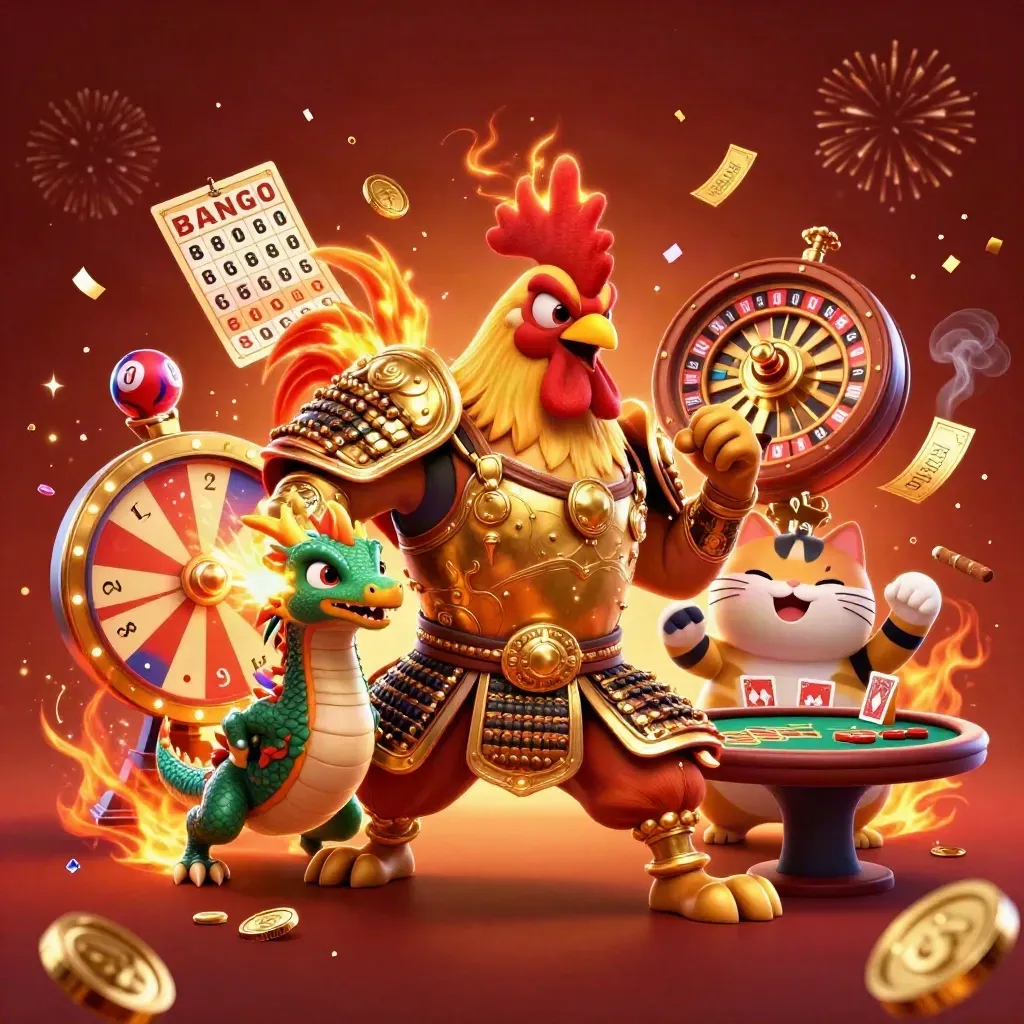 Rooster warrior, dragon hatchling and fortune cat amid casino props and ember glow.
