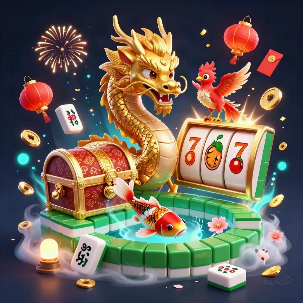 Golden dragon, phoenix and koi amid treasure, lanterns, jade coins, petals, and cyan magic.