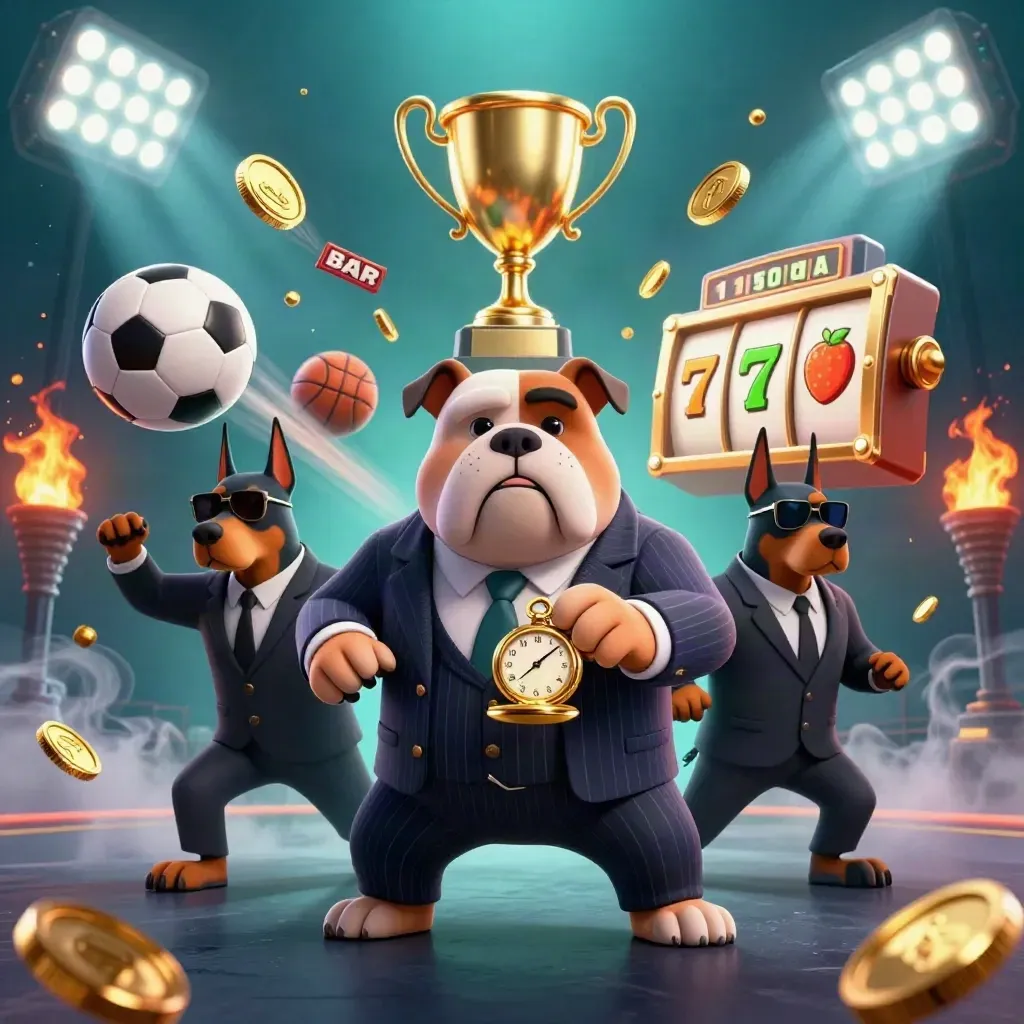 Bulldog mob boss and Dobermans burst amid sports balls, loot, and casino glow under teal rays