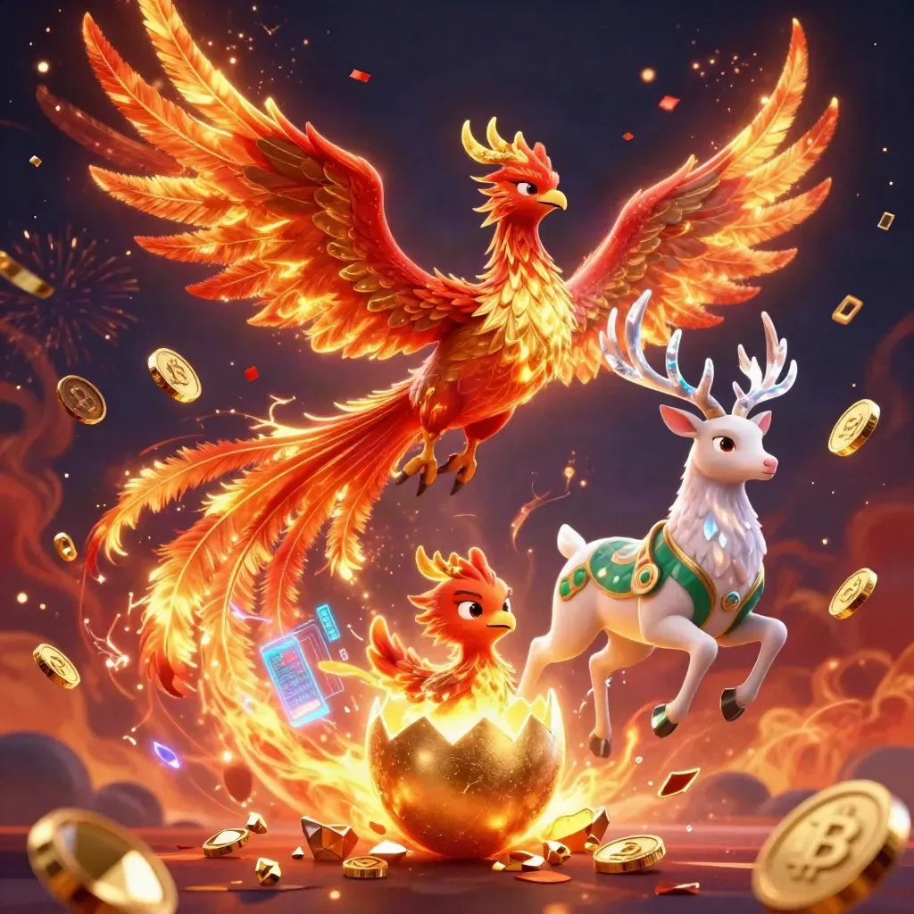 Phoenix, hatching chick, and crystal-antler stag amid gold loot sparks on a crimson casino backdrop