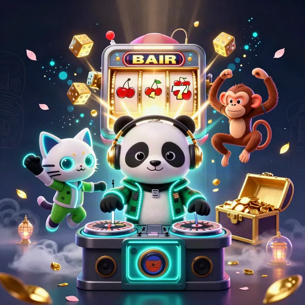 DJ panda, breakdancing monkey and glow-stick kitten amid exploding slot machine loot.