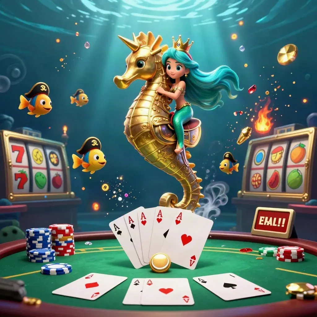 Mermaid princess on a golden seahorse amid poker chips, cards, and glowing embers underwater