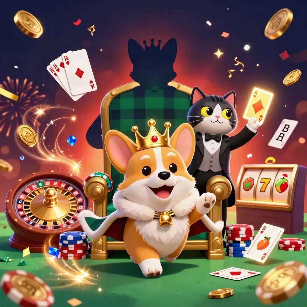Royal corgi and cat butler amid chips, coins, gems, roulette, and gold casino magic