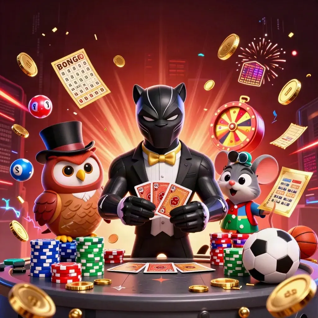 Panther, owl and mouse amid casino treasures, fireworks, and betting icons in Scottish premium colors.