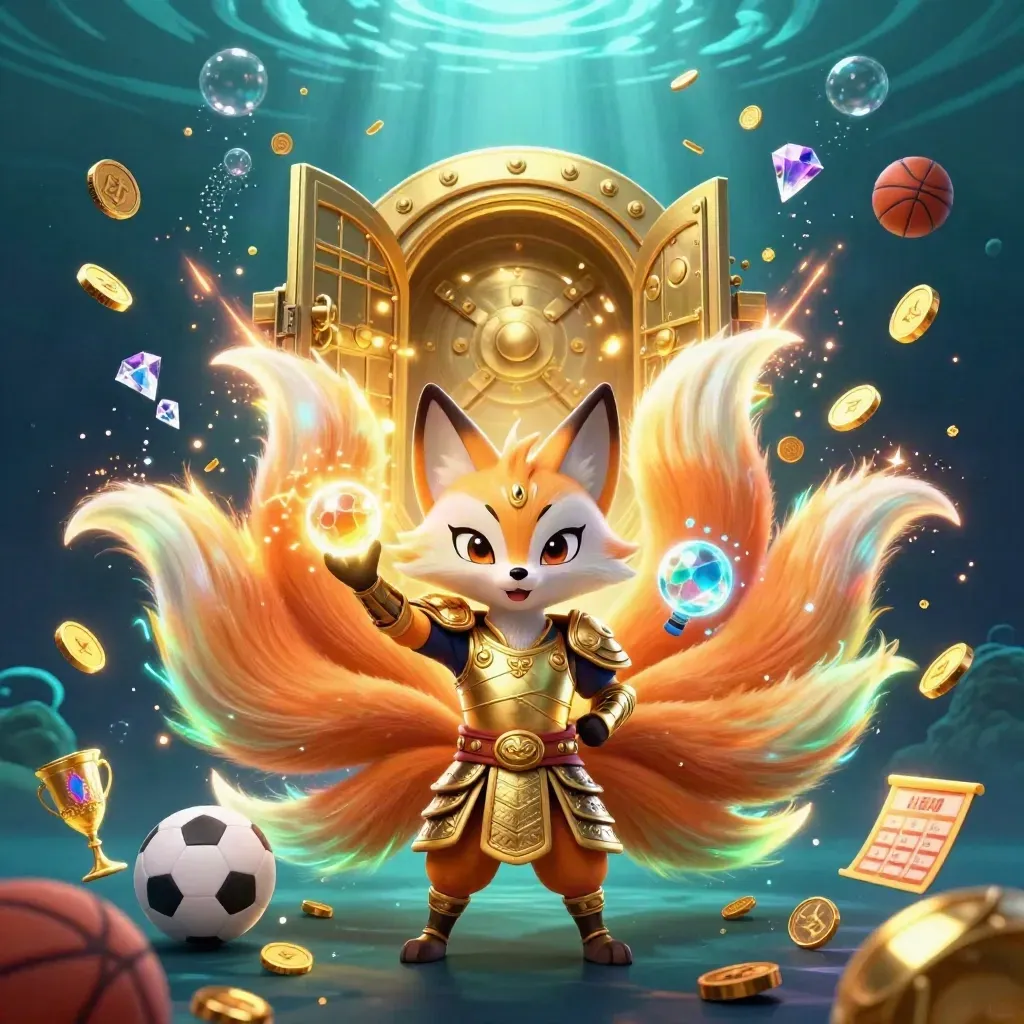 Neon fox spirit and armored mouse amid bursting vault, coins, gems, and fireworks.
