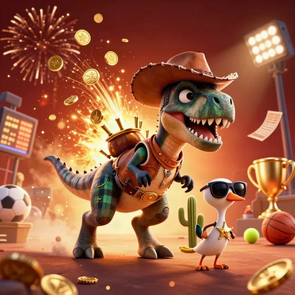 Cowboy T-Rex, cactus sidekick and sheriff roadrunner amid vault coins, fireworks and sports balls.