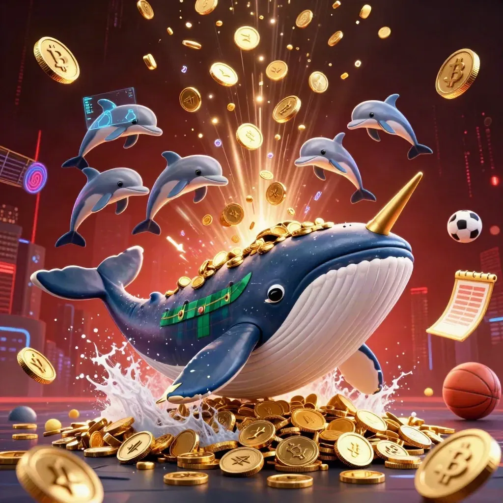 Whale captain and narwhal burst from gold coins with dolphins, neon crypto and fireworks.