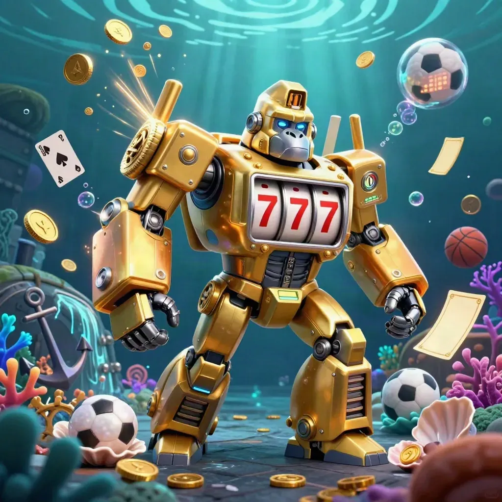 Golden gorilla mech with monkey pilot in an underwater coin treasure cove, coral, bubbles, and glowing effects.