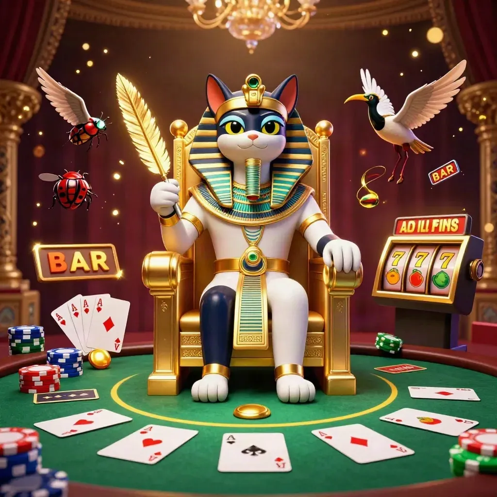 Pharaoh cat, ibis scribe and scarabs amid casino cards, chips and glowing Egyptian luxury.