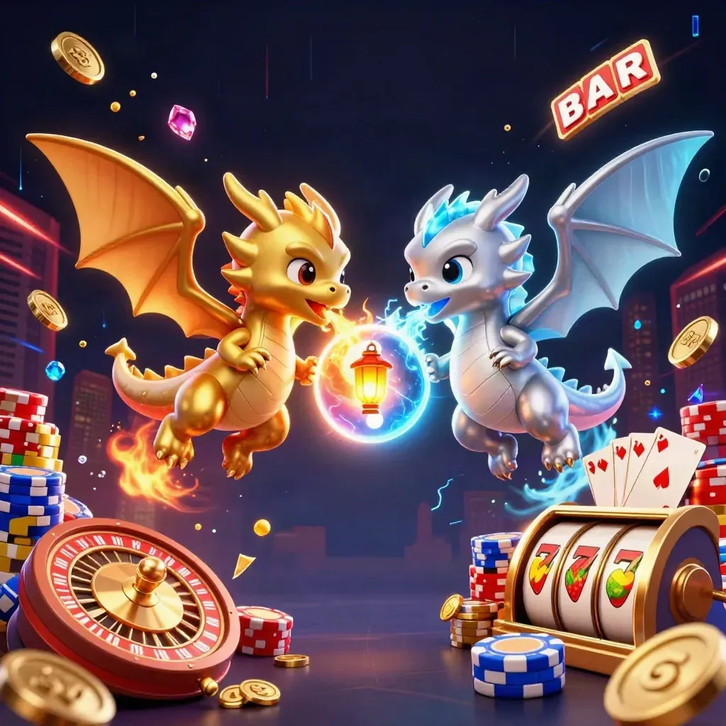 Gold and silver dragons twist in a yin-yang blaze amid casino symbols and neon energy.