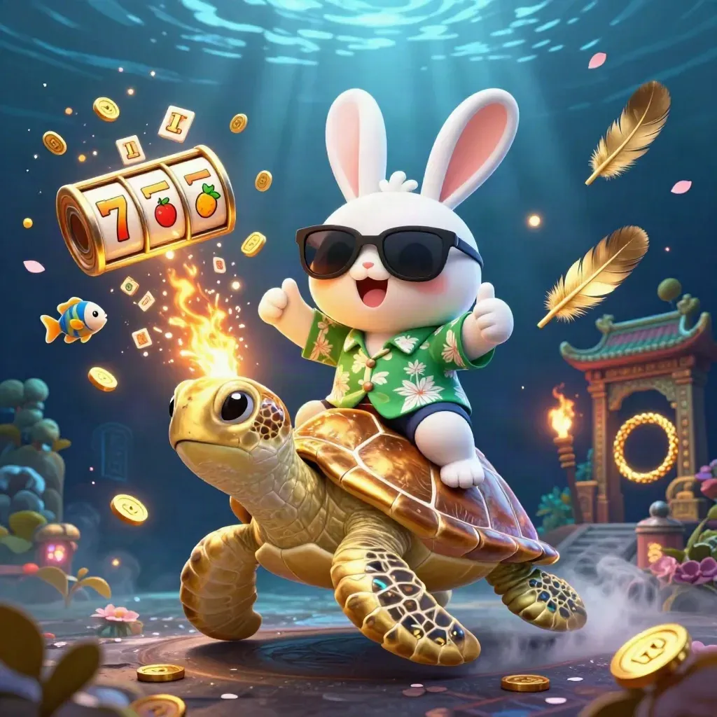 Cartoon rabbit in shades rides a jeweled sea turtle amid coins, reels and temple ruins.