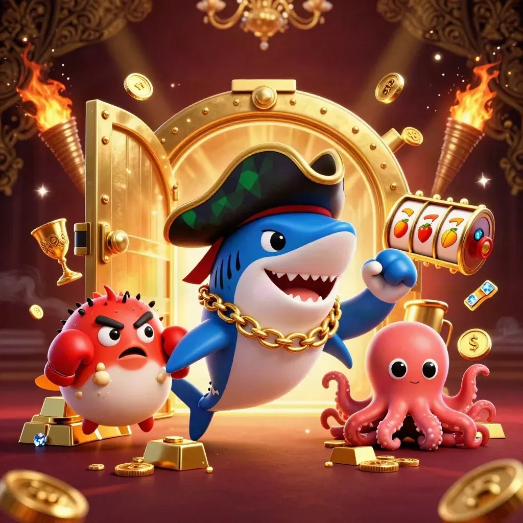 Pirate shark, boxing pufferfish and coin-juggling octopus amid a vault, gold, and casino glow.