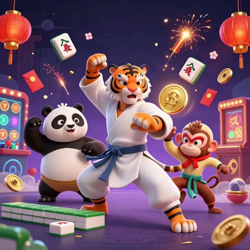 Tiger, panda, and monkey kung-fu casino heroes amid gold and jade effects on a dark cosmic background.