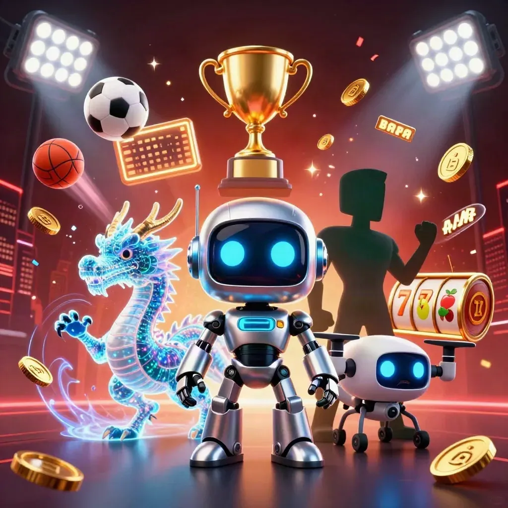 Robot mascot, particle dragon and coin drone amid sports balls, coins and red-gold effects.